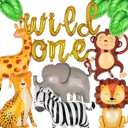 Dschungel Wild One Waldtiere Folienballon Safari Tiere Löwe Zebra Leopard Elefant Giraffe Monkey Luftballon Woodland Tropical 1 Geburtstag Party Deko von Big Eye Owl