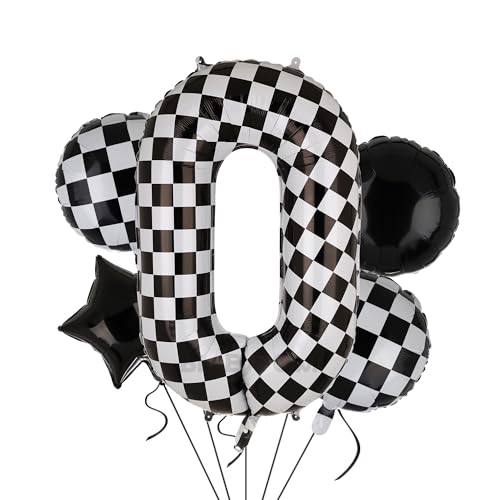 XXL Checkered Zahl 0 Folienballons Schwarz Weiß Rennauto Ballon 5 Stück Mylar Helium Zahlen 0 Rennwagen Autos Luftballon Party Deko Geburtstags Race Car Theme 100cm von Big Eye Owl