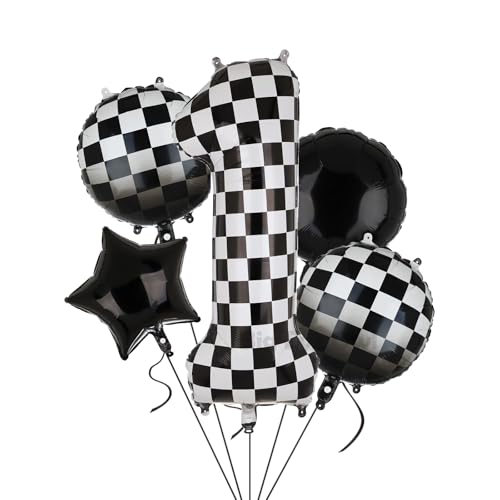 XXL Checkered Zahl 1 Folienballons Schwarz Weiß Rennauto Ballon 5 Stück Mylar Helium Zahlen 1 Rennwagen Autos Luftballon Party Deko Geburtstags Race Car Theme 100cm von Big Eye Owl