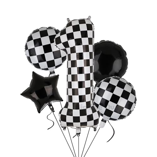 XXL Checkered Zahl 1 Folienballons Schwarz Weiß Rennauto Ballon 5 Stück Mylar Helium Zahlen 1 Rennwagen Autos Luftballon Party Deko Geburtstags Race Car Theme 100cm von Big Eye Owl