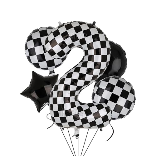 XXL Checkered Zahl 2 Folienballons Schwarz Weiß Rennauto Ballon 5 Stück Mylar Helium Zahlen 2 Rennwagen Autos Luftballon Party Deko Geburtstags Race Car Theme 100cm von Big Eye Owl