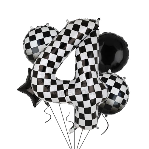 XXL Checkered Zahl 4 Folienballons Schwarz Weiß Rennauto Ballon 5 Stück Mylar Helium Zahlen 4 Rennwagen Autos Luftballon Party Deko Geburtstags Race Car Theme 100cm von Big Eye Owl