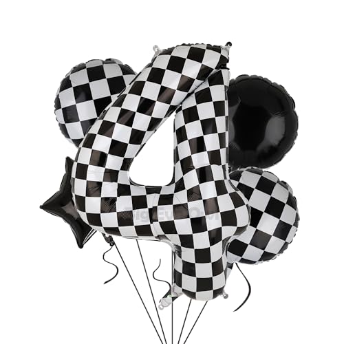 XXL Checkered Zahl 4 Folienballons Schwarz Weiß Rennauto Ballon 5 Stück Mylar Helium Zahlen 4 Rennwagen Autos Luftballon Party Deko Geburtstags Race Car Theme 100cm von Big Eye Owl