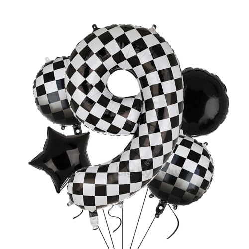 XXL Checkered Zahl 9 Folienballons Schwarz Weiß Rennauto Ballon 5 Stück Mylar Helium Zahlen 9 Rennwagen Autos Luftballon Party Deko Geburtstags Race Car Theme 100cm von Big Eye Owl