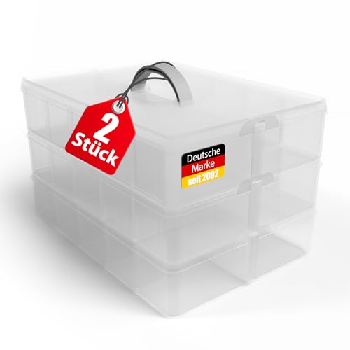 BigDean Sortierbox 2 Stück Aufbewahrung mit Griff, Transparent, 24 x 18,5 x 16 cm, 3 Etagen m. 21 Fächern,für Spielzeug,Büro-Utensilien,Bastel-Material,Kleinteile von BigDean