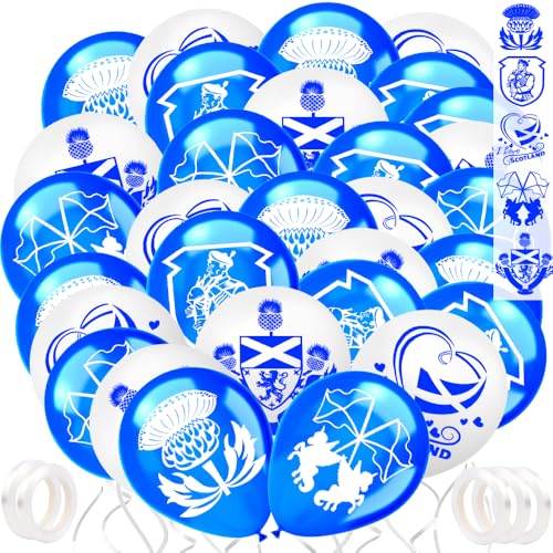 50 Luftballons für Burns Night Dekorationen Schottland Party Dekoration Supplies Blau Weiß Latex Ballons 5 Rollen Weißes Band Geburtstagsdeko Luftballons 12 Zoll von BigTree