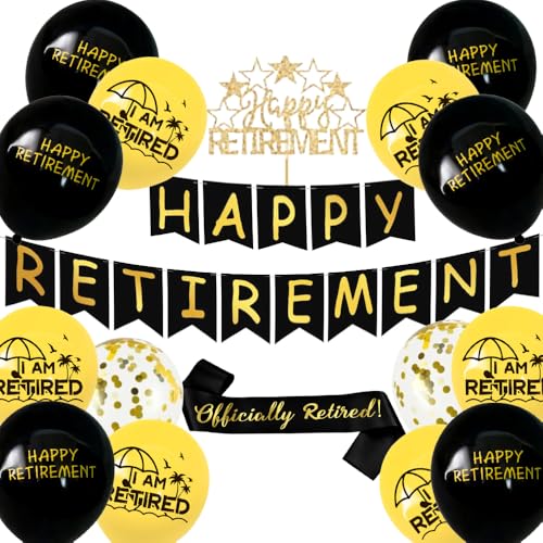 Happy Retirement Banner Set Kucheneinsatz Schwarz Gold Banner 30,5 cm Lose Puderballons Ruhestand Schultergurt Dreieck Flagge Damen Herren Ruhestand Party Supplies Dekoration Indoor Hanging Rope Flag von BigTree