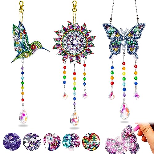 Bigalter Diamond Painting Sonnenfänger Windspiel Bastelset, DIY 5D Doppelseitiges Diamond Painting Set Anhänger Ornament Fensterdeko Basteln für Mädchen Geschenke - 3 Stück(Schmetterling+Vogel+Sonne) von ZYZYZK