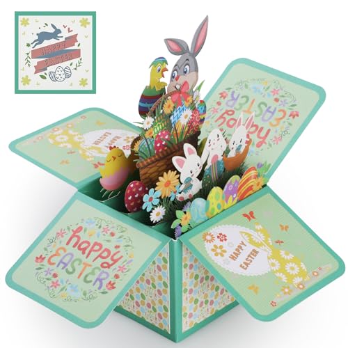 Bighan Ostereier Pop Up Karte, 3D Klappkarte zu Ostern, Ostereier und Osterhasen Dreidimensional Karte, Pop Up Ostergrußkarte, 3D Happy Easter Handmade Karten mit Umschlag und Blanko Notiz von Bighan