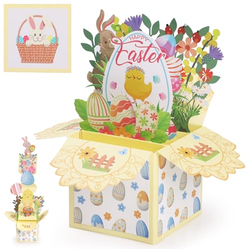 Bighan Pop Up Osterkarte, 3D Klappkarte zu Ostern, Ostereier und Osterhasen Dreidimensional Karte, Pop Up Ostergrußkarte, 3D Happy Easter Handmade Karten mit Umschlag und Blanko Notiz von Bighan