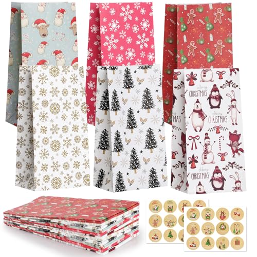 Bigqin 24 Stück Papiertüten Weihnachten, Bunte Geschenktüten mit 24 Aufklebern, Kekstüten Süßigkeiten Candybar Tüten zum Verpacken von Gastgeschenke für Weihnachten Partys - 24x12 cm von Bigqin