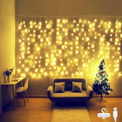 Bigzom Lichterketten Vorhang 2x1m 100LEDs, lichterkette innen USB lichtervorhang innen mit 10 Haken IP65 für Schlafzimmer Party von Bigzom