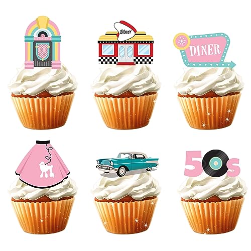 18 Stück 50er Jahre Disco Cupcake Topper für Kinder Erwachsene Jukebox 1950er Jahre Diner Soda Shoppe Rock and Roll Sock Hop Thema Party Supplies Retro 50er Jahre Geburtstag Kuchen Dekorationen von Bijeoda