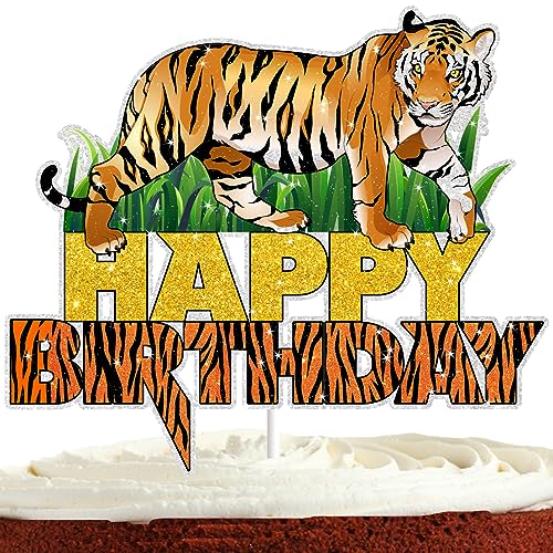 Tiger Cake Topper für Jungen Mädchen Safari Kuchen Dekorationen Dschungel Tier Kuchen Topper Wild One Party Supplies Glitter Tiger Happy Birthday Party Dekorationen von Bijeoda