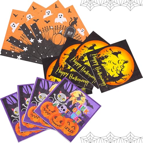 60 Stück Servietten Halloween, Papierservietten, für Halloween Partys Dekoration Zubehör, mit Kürbis Fledermaus Spinne Gespenster Hexen Skelett, Happy Halloween Napkins, Tischdekoration von Bikasun