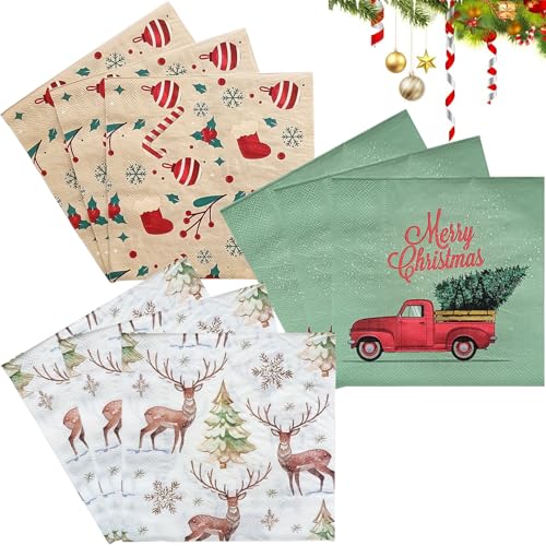 Bikasun 60 Stück Servietten Weihnachten, Weihnachts Servietten Tischdeko Rot Grün Weiß, Rentier Schneeflocken Weihnachtsbaum, Einweg Papierservietten für Weihnachten Party Deko 33x33cm von Bikasun