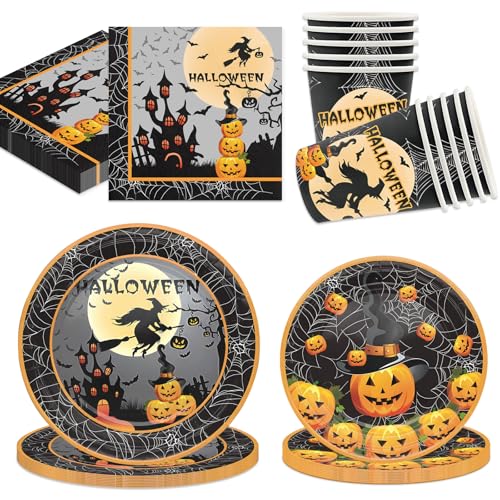 Bikasun Halloween Partygeschirr Set, 10 Gäste Halloween Party Geschirr Teller Set, Teller Becher Servietten Pappteller Kürbis Deko Halloween Party für Kinder von Bikasun