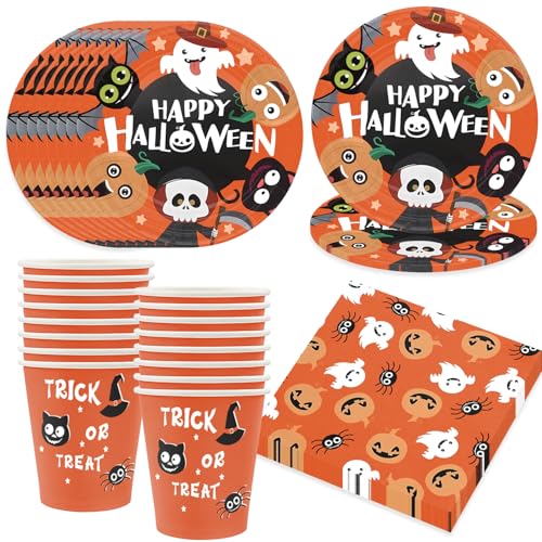 Bikasun Halloween Partygeschirr Set, 16 Gäste Halloween Party Geschirr Teller Set, Teller Becher Servietten Pappteller Party Halloween Deko für Kinder von Bikasun