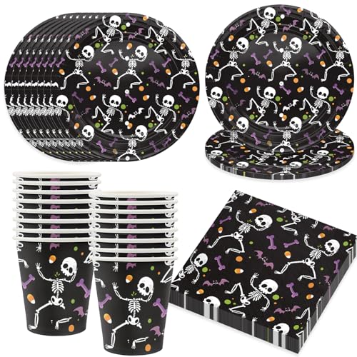 Bikasun Halloween Partygeschirr Set, 16 Gäste Halloween Party Geschirr Teller Set, Teller Becher Servietten Pappteller Skelett Schwarz Party Halloween Deko für Kinder von Bikasun