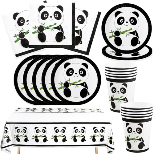 Bikasun Panda Party Set, 10 Gäste Panda Geschirr Set, Panda Party Geschirr, Panda Geburtstag Geschirr, Kindergeburtstag Teller Becher Servietten Tischdecken Party Supplies von Bikasun