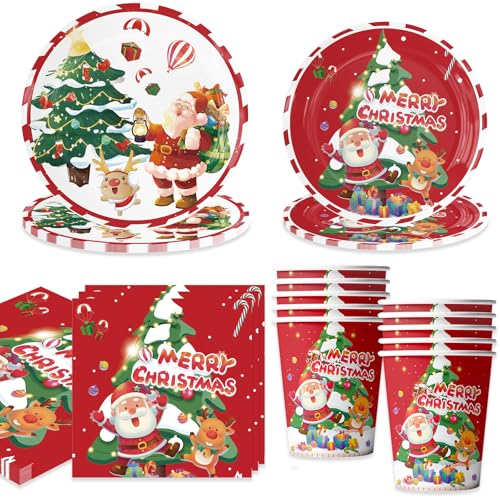 Bikasun Weihnachten Partygeschirr Set, Weihnachts Pappteller Servietten Tassen, Weihnachten Party Deko, Rot Weihnachtsmann Schneeflocke Elch, Weihnachten Geschirr Set 10 Gäste von Bikasun