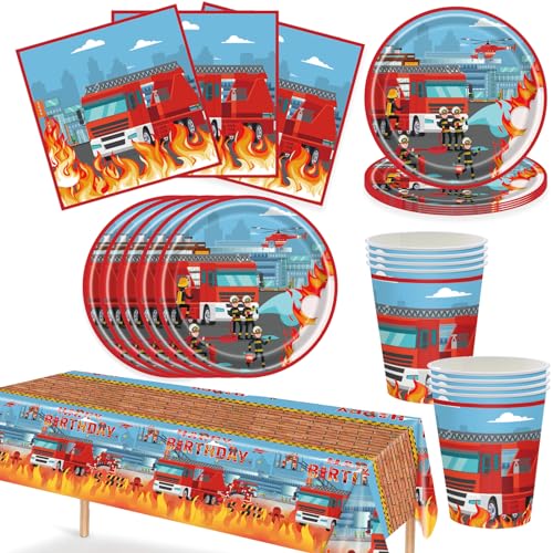 Feuerwehrmann Partygeschirr, Fireman Geschirr Set, Fireman Party Set mit Teller Tasse Tischdecke Servietten, Feuerwehr Tischdekoration Kindergeburtstag Deko Feuerwehrauto Feuerwehr Geburtstag von Bikasun