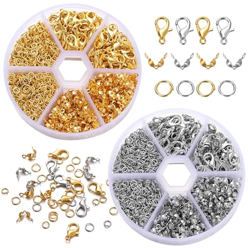 Kettenverschluss, 1140 Stück Armband Verschluss Set, 2 Farben Ketten Verschlüsse, Gold Silber Karabinerverschluss und Biegeringe und Crimpenden, für Halsketten Armband, Fußkette, Schmuck Basteln DIY von Bikasun