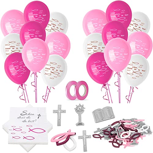 Kommunion Deko, Deko Konfirmation Mädchen Taufe Deko, 32 Stück Servietten Taufe Servietten Konfirmation 50 Fisch 24 Luftballons Rose, Tischdeko Konfirmation Erstkommunion Deko von Bililike