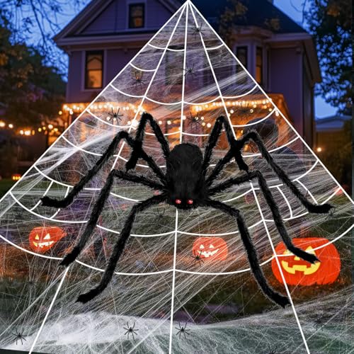 Bilivry Halloween Deko Spinne Groß Outdoor: 1.5M Riesige Spinne + 5M Riesige Spinnennetz + 20 Mini Spinne, Halloween Spinnennetz für Outdoor Garten für Hausbesitzer, Eltern,Party-Gastgeber von Bilivry