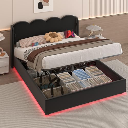 Billg Doppelbett 140x200 cm, Modernes Polsterbett mit LED-Beleuchtung und USB-Aufladung, Holzlattenrost Bettrahmen mit Lattenrost und Gewelltes Kopfteil, Jugendbett, Bett mit Stauraum, Samtstoff von Billg