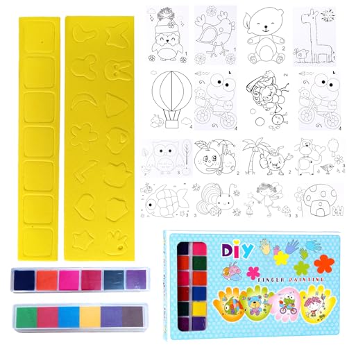 Biluer Stempelkissen Kinder, Fingermalerei Kit Kinder 12 Farben Stempelkissen Bunt Stempelkissen Zum Basteln mit 16 Cartoon Thread Entwürfe und 14 Cartoon Siegel Für Papierarbeiten DIY Handwerk von Biluer