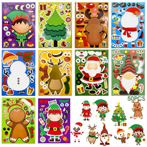 Bimkole 40 Blätter Weihnachtsparty Aufkleber, DIY Sticker Weihnachtsbaum Schneemann Rentier Charakter-Aufkleber, Weihnachts-Bastel Aufkleberbögen für Kinder Winter-Weihnachtsparty-Aktivitäten von Bimkole