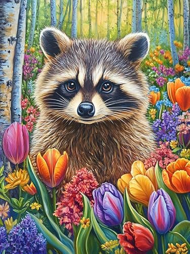 Bimkole 5D Diamond Painting Kits Zubehör Waschbär, Tier-Tulpe Diamant Malerei Kit Voll Runde Bohrer Malen nach Zahlen Malerei Stickerei Kreuzstich Diamond Dekoration 30x40 cm von Bimkole