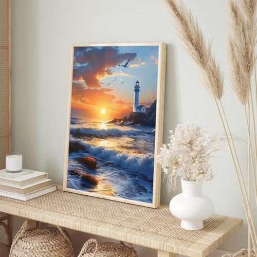 Diamond Painting Erwachsene Kinder 30x40cm, Diamond Painting Leuchtturm Diamant Painting Bilder Wellen, Vollbohrer DIY Diamant Kunst Malerei Stickerei Kreuzstich Bilder Wand Deko, Geschenke BJ-397 von Binaoung