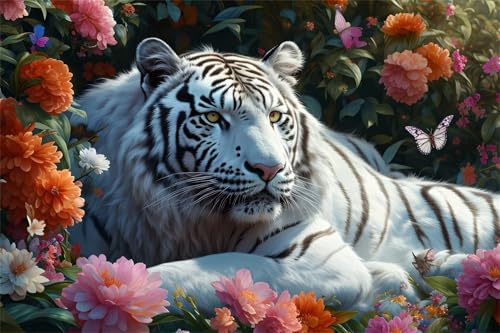 Diamond Painting Tiger Diamond Painting Erwachsene, Blume Diamant Painting Bilder Kinder, DIY Diamant Painting Crystal Art Mosaikherstellung Bastelset, für Wohnzimmer Halloween Deko 100x150cm BJ-608 von Binaoung