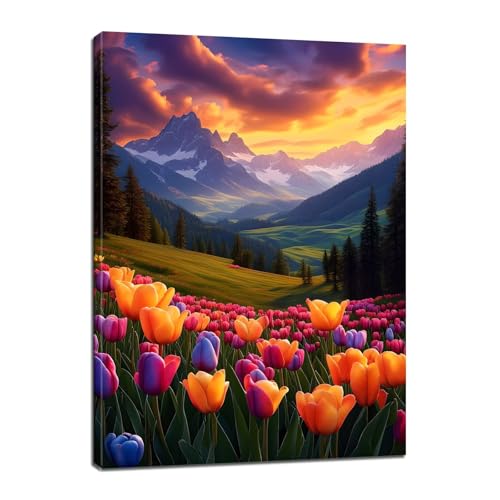 Malen Nach Zahlen Erwachsene Landschaft Malen Nach Zahlen Tulpe Malen Nach Zahlen Kinder, DIY Handgemalt Ölgemälde Paint by Numbers Bastelset mit 3 - Pinseln und Acrylfarbe, 40x50cm (Rahmenlos) BJ-639 von Binaoung