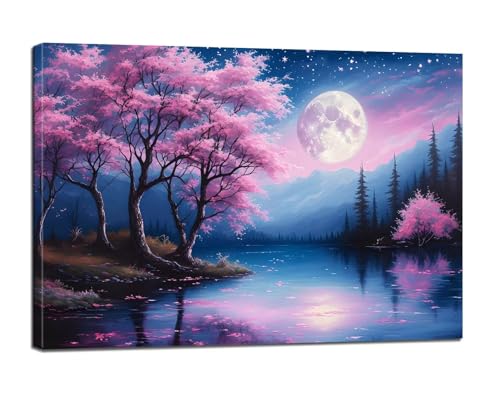 Malen Nach Zahlen Erwachsene Mond Malen Nach Zahlen Kirschblüten Malen Nach Zahlen Kinder,DIY Handgemalt Ölgemälde Paint by Numbers Bastelset mit 3 - Pinseln und Acrylfarbe,60x80cm (Rahmenlos) BJ-207 von Binaoung