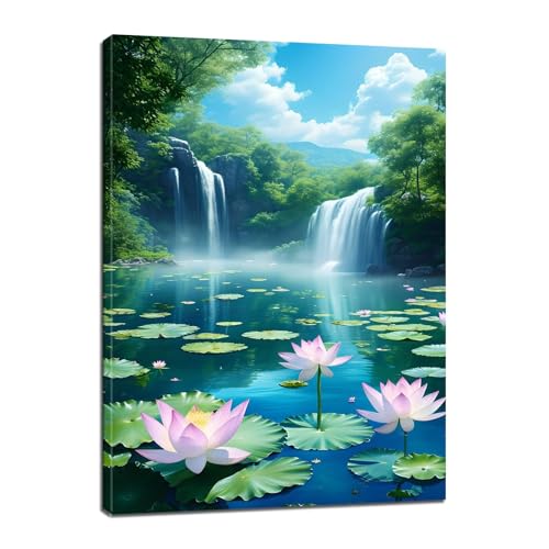 Malen Nach Zahlen Erwachsene Wasserfall Malen Nach Zahlen Lotus Malen Nach Zahlen Kinder, DIY Handgemalt Ölgemälde Paint by Numbers Bastelset mit 3 - Pinseln und Acrylfarbe, 20x30cm (Rahmenlos) BJ-681 von Binaoung