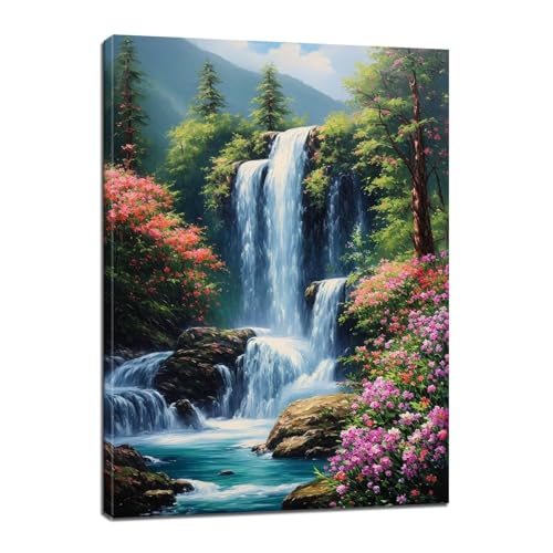 Wasserfall Malen Nach Zahlen Erwachsene,Malen Nach Zahlen Blume Paint by Numbers Anfänger,DIY Handgemalt Leinwand Ölgemälde Kit mit Pinseln und Acrylpigment,Ohne Rahmen,Zimmer Deko 20x28 Zoll BJ-712 von Binaoung