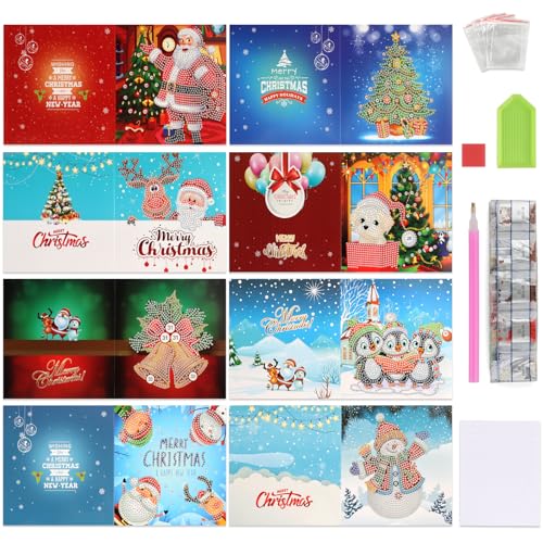 Binggunyo 8 Stück Diamond Painting Weihnachtskarten, 5D Diamond Painting Set mit Zubehör und 8 Umschlägen, Weihnachtsmann, Rentier, Schneemann Weihnachtsgrußkarten für Kinder Erwachsene von Binggunyo