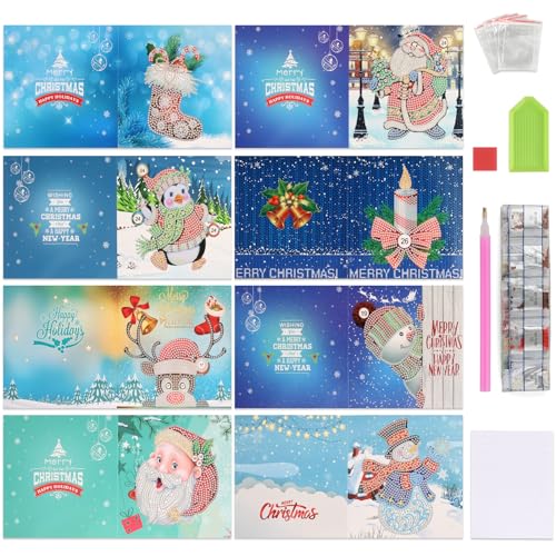 Binggunyo 8 Stück Diamond Painting Weihnachtskarten, 5D Diamond Painting Set mit Zubehör und 8 Umschlägen, Weihnachtsmann, Rentier, Schneemann Weihnachtsgrußkarten für Kinder Erwachsene von Binggunyo