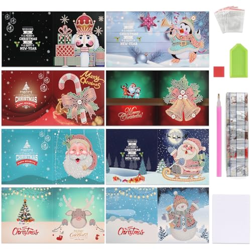 Binggunyo 8 Stück Diamond Painting Weihnachtskarten, 5D Diamond Painting Set mit Zubehör und 8 Umschlägen, Weihnachtsmann, Rentier, Schneemann Weihnachtsgrußkarten für Kinder Erwachsene von Binggunyo