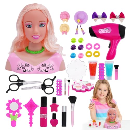 Biniveil Puppenkopf für Haarstyling-Kinder - Lebendiger Friseurpuppenkopf Interessant,Mädchen-Kopfschmuck-Spielzeug-Set, 36-teiliges pädagogisches Simulations-Haarstyling-Set, multifunktional für von Biniveil