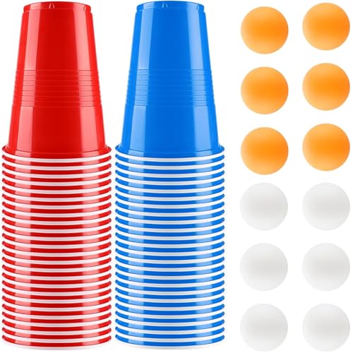 Binnan Bierpong Becher Set,Beerpong Partybecher Enthält 50 Becher (500ml) und 12 Tischtennisbälle,Beer Pong Becher Set Rötliches Blau Wiederverwendbare Geeignet für Weihnachtsfeier Camping Geburtstag von Binnan