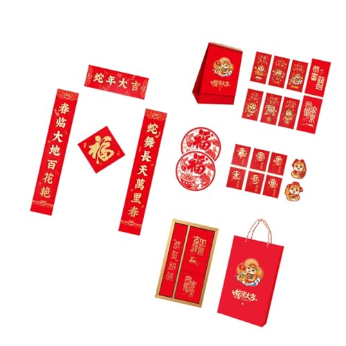 Traditionelles chinesisches Neujahrsdekor-Set mit Schlangenmotiven, Geldumschlägen und Glücks-Charakter-Symbol von Biookhm