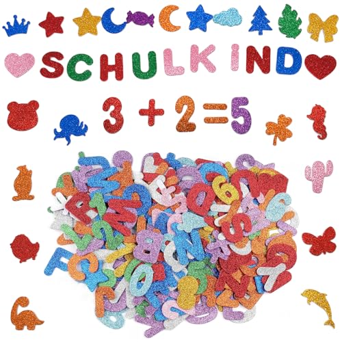 121 Stück Moosgummi Buchstaben Selbstklebende Aufkleber, Glitzer Zahlen Großbuchstaben Kleinschreibung Tier Aufkleber, DIY Handwerk Alphabet Sticker, für Schulkind Schulanfang Einschulung Deko von Bipl