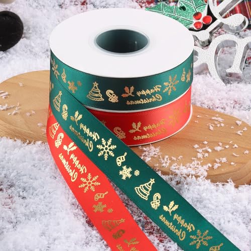 2 Rollen Schleifenband Weihnachten,Grün/Rot Geschenkbänder Ripsband,Weihnachtsmotiv Heißprägeband,Geschenkband Weihnachten,25 Yards Dekoband Weihnachten,für Weihnachten Geschenk Weihnachtsbaum Deko von Bipl