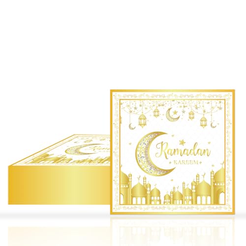 24 Stück Eid Ramadan Dekoration Ramadan Servietten, 33x33cm Ramadan Kareem Servietten, Gold Weiß Stern Mond Servietten, Ramadan Kareem Party Dekoration, für Eid Mubarak Ramadan Dekoration von Bipl