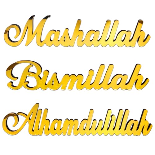 3 Stück Ramadan-Acryl-Buchstabenschild,Bismillah Mashallah Alhamdulillah Freistehendes Tischdekoration,Heimdekorationen für Ramadan Geschenke,Islamische Dekoration,Eid Mubarak Party Dekorationen,Gold von Bipl