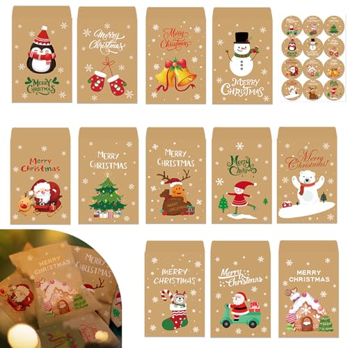 48 Stk Geschenktüten Weihnachten, Weihnachten Kraftpapier Tüten, Merry Christmas Weihnachtstüten, Klein Geschenk Süßigkeiten Papiertüten mit 48 Aufkleber, für Adventsfest Adventskalender Fest Party von Bipl